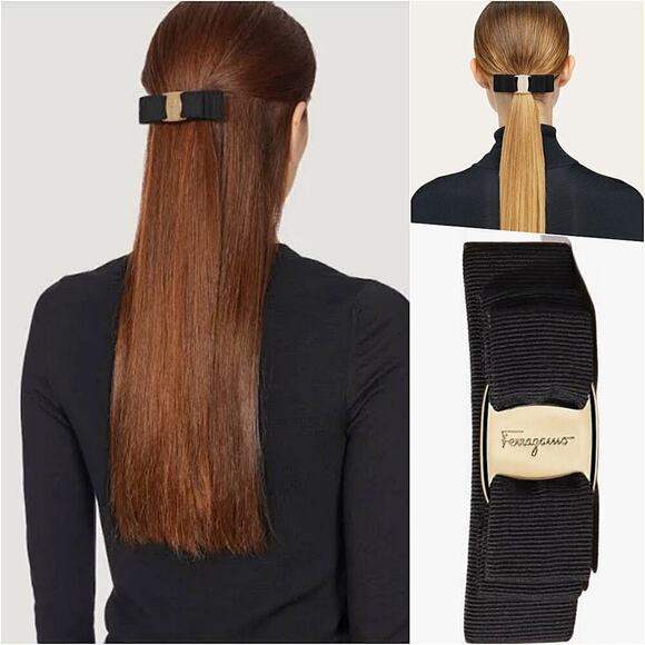 Ferragamo Italy Timeless Chic Black Vara Bow Hair Clip Gold Tone Logo NWOT - Picture 1 of 10